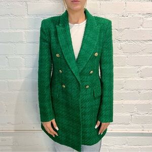 Zara Emerald Green Tweed Blazer with Gold Buttons - Size M